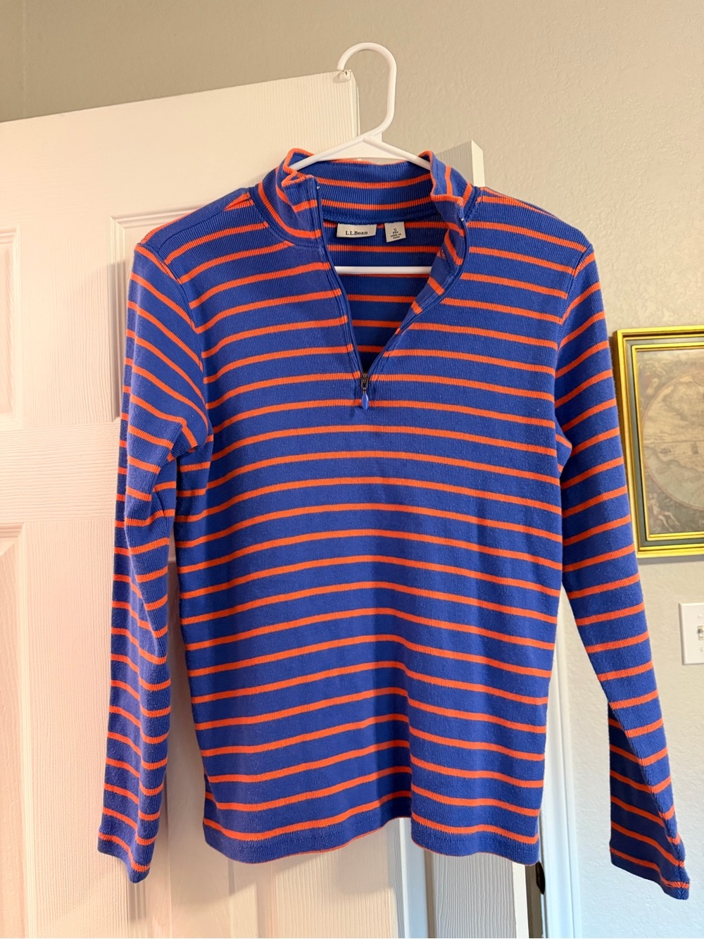 L.L. Bean Royal Blue and Orange Striped Half-Zip Sweater